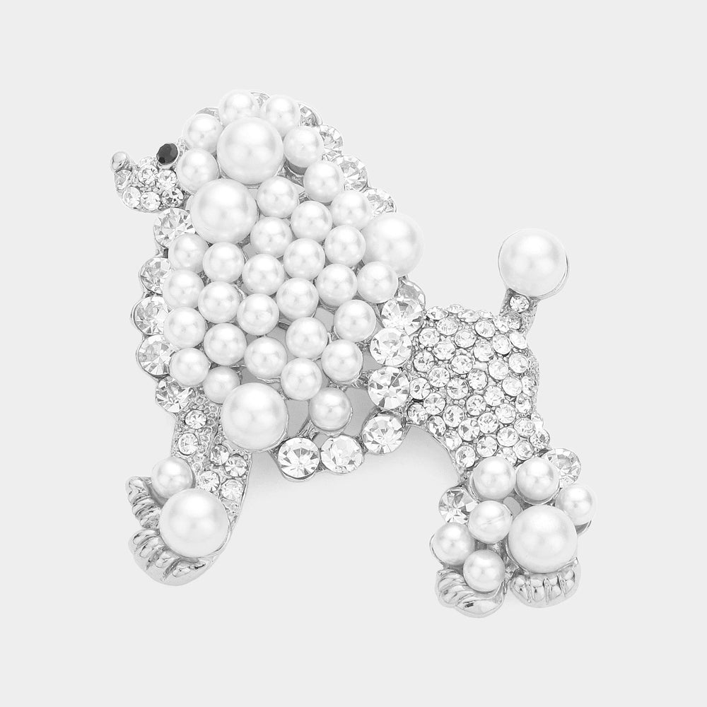 Madeline Love Silver Crystal Pearl Poodle Brooch - Brooches