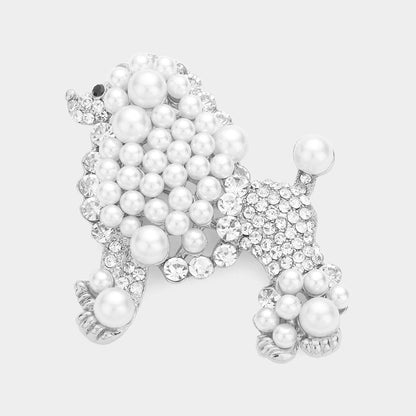 Madeline Love Silver Crystal Pearl Poodle Brooch - Brooches