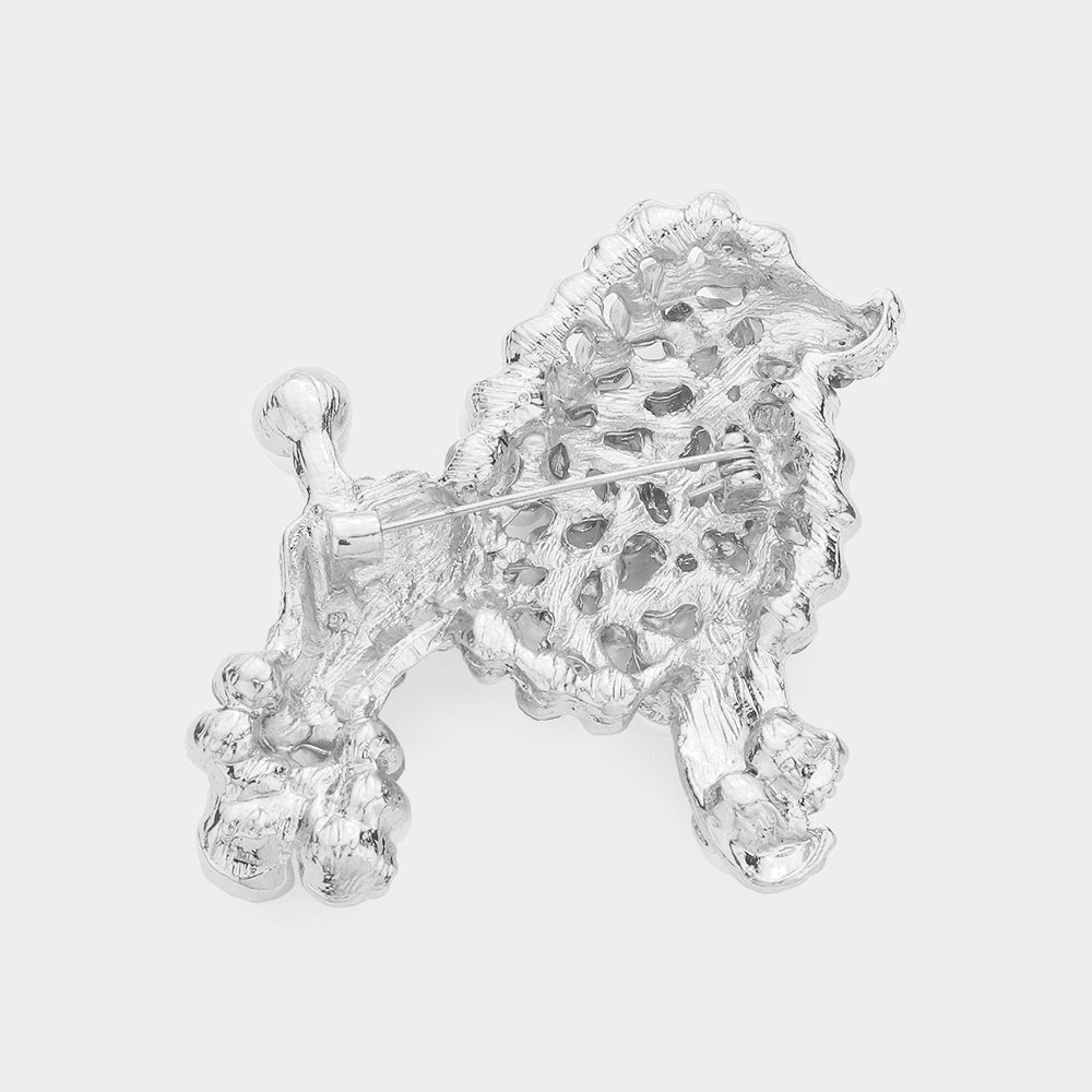 Madeline Love Silver Crystal Pearl Poodle Brooch - Brooches - desc