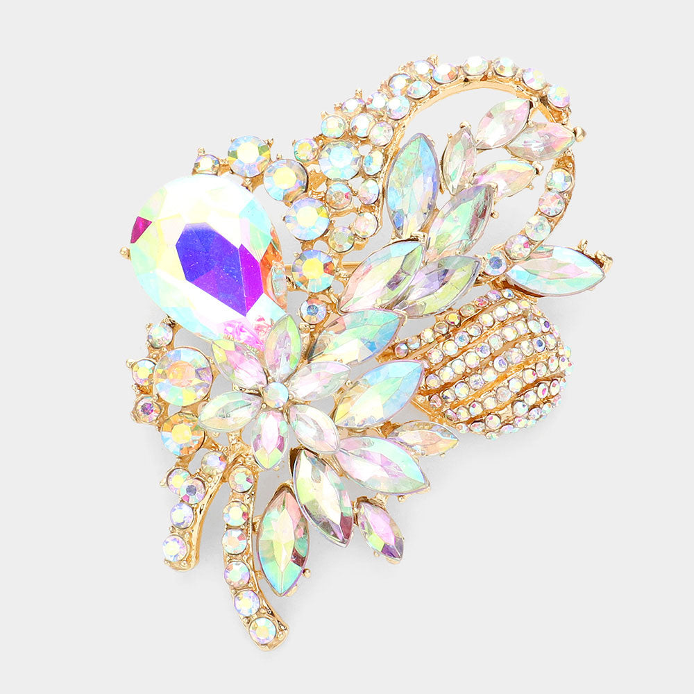 Madeline Love AB, Gold Glass Crystal Bouquet Brooch Pendant - Brooches