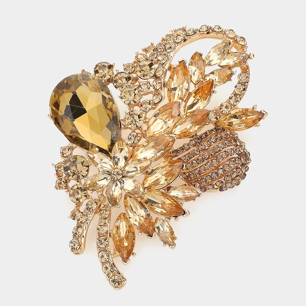 Madeline Love Gold, Topaz Glass Crystal Bouquet Brooch / Pendant