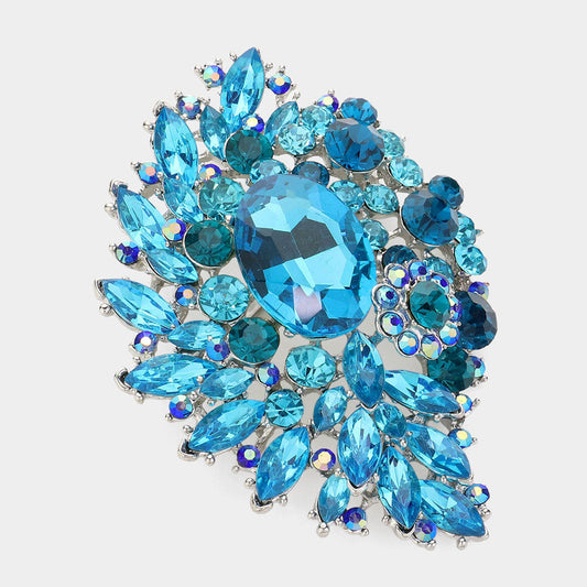 Madeline Love Aqua Oval Glass Stone Accented Marquise Stone Cluster Pin Brooch - Brooches