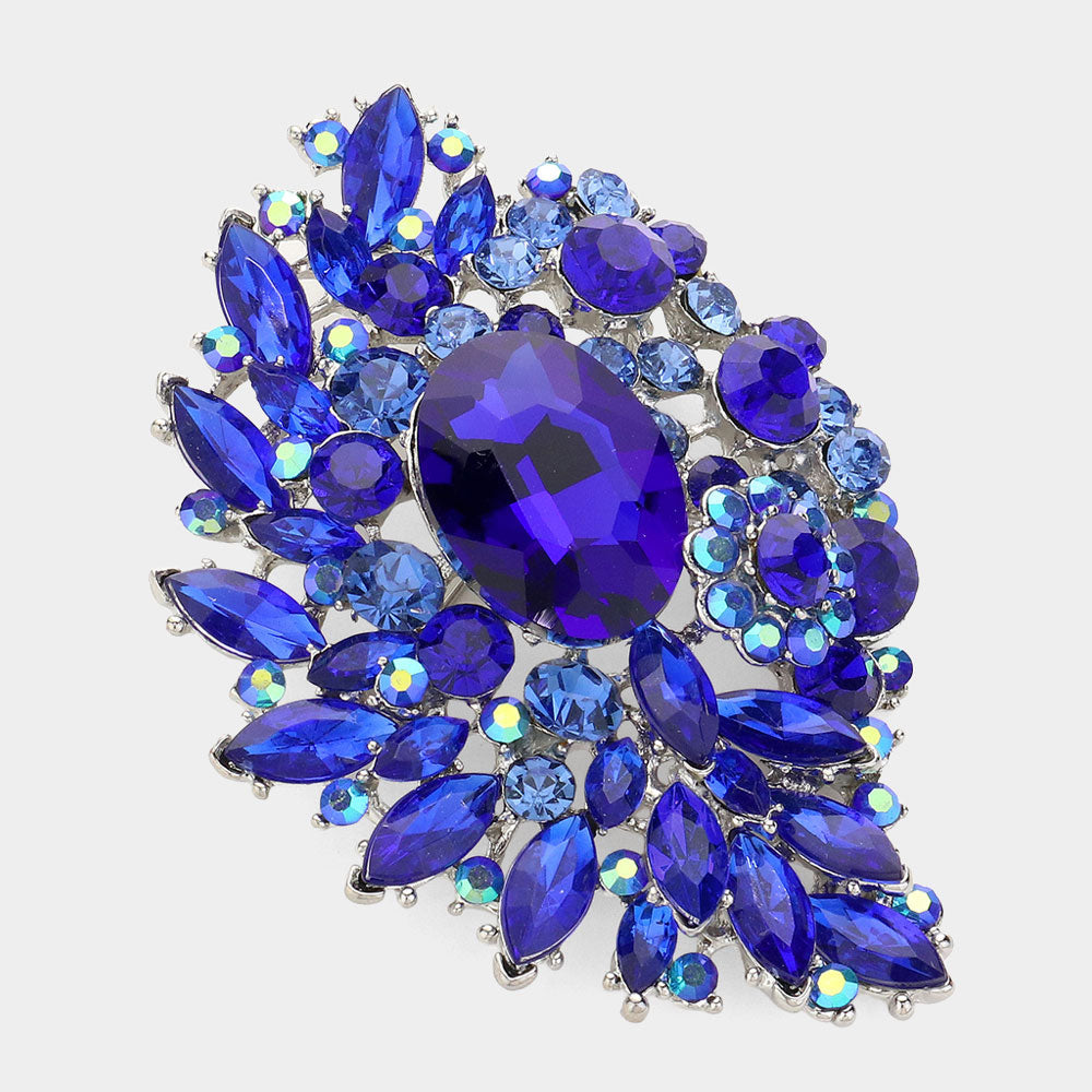 Madeline Love Blue Oval Glass Stone Accented Marquise Stone Cluster Pin Brooch - Brooches