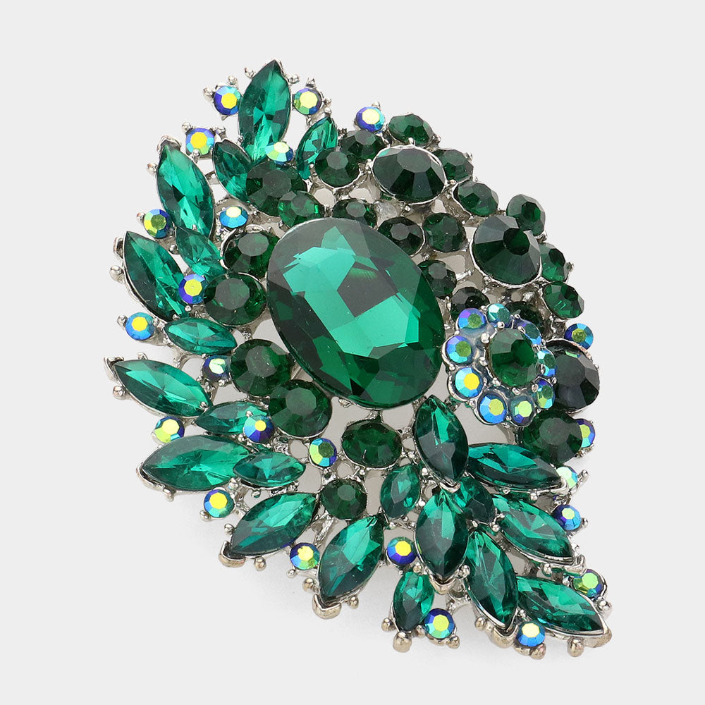 Madeline Love Emerald Oval Glass Stone Accented Marquise Stone Cluster Pin Brooch - Brooches