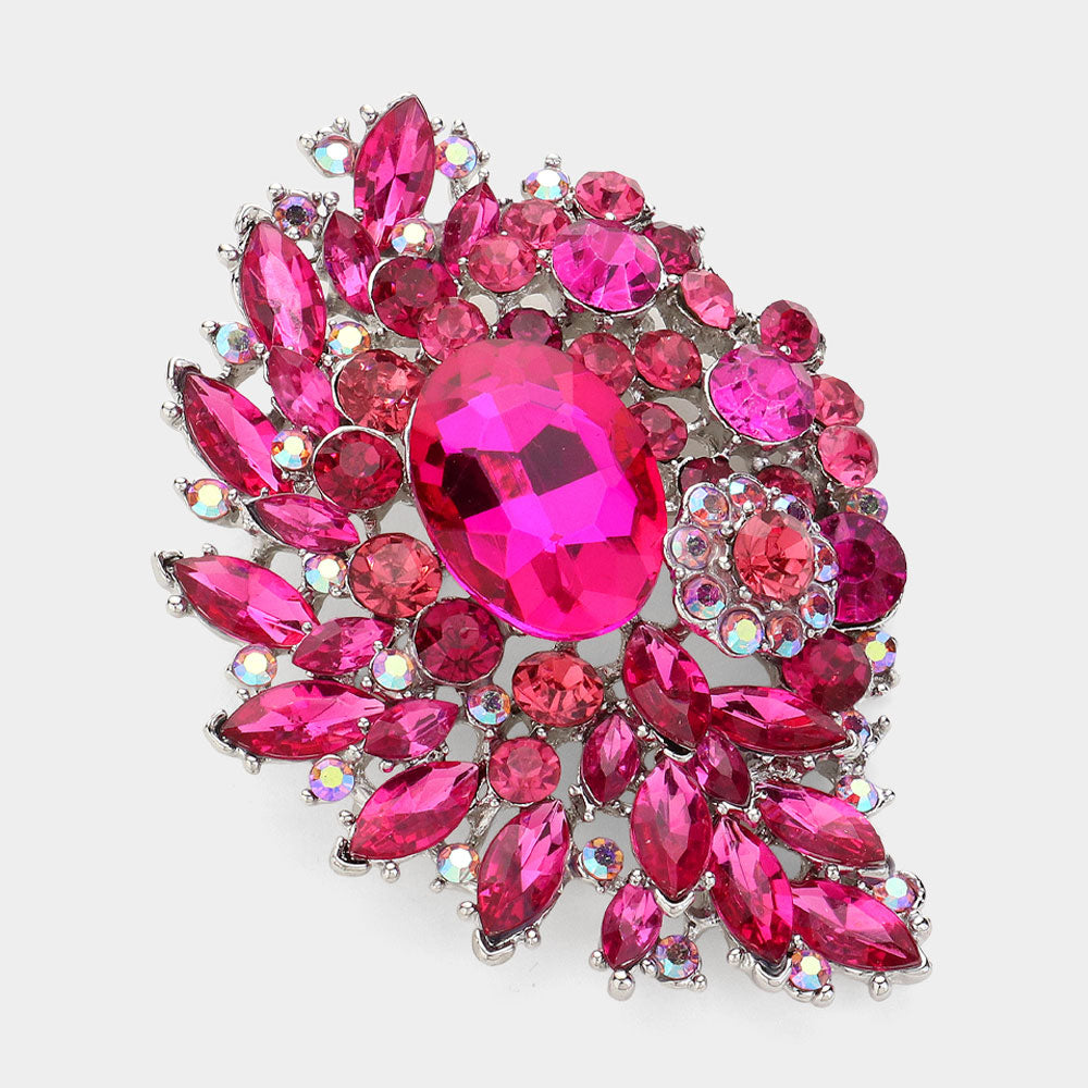 Madeline Love Fuchsia Oval Glass Stone Accented Marquise Stone Cluster Pin Brooch - Brooches
