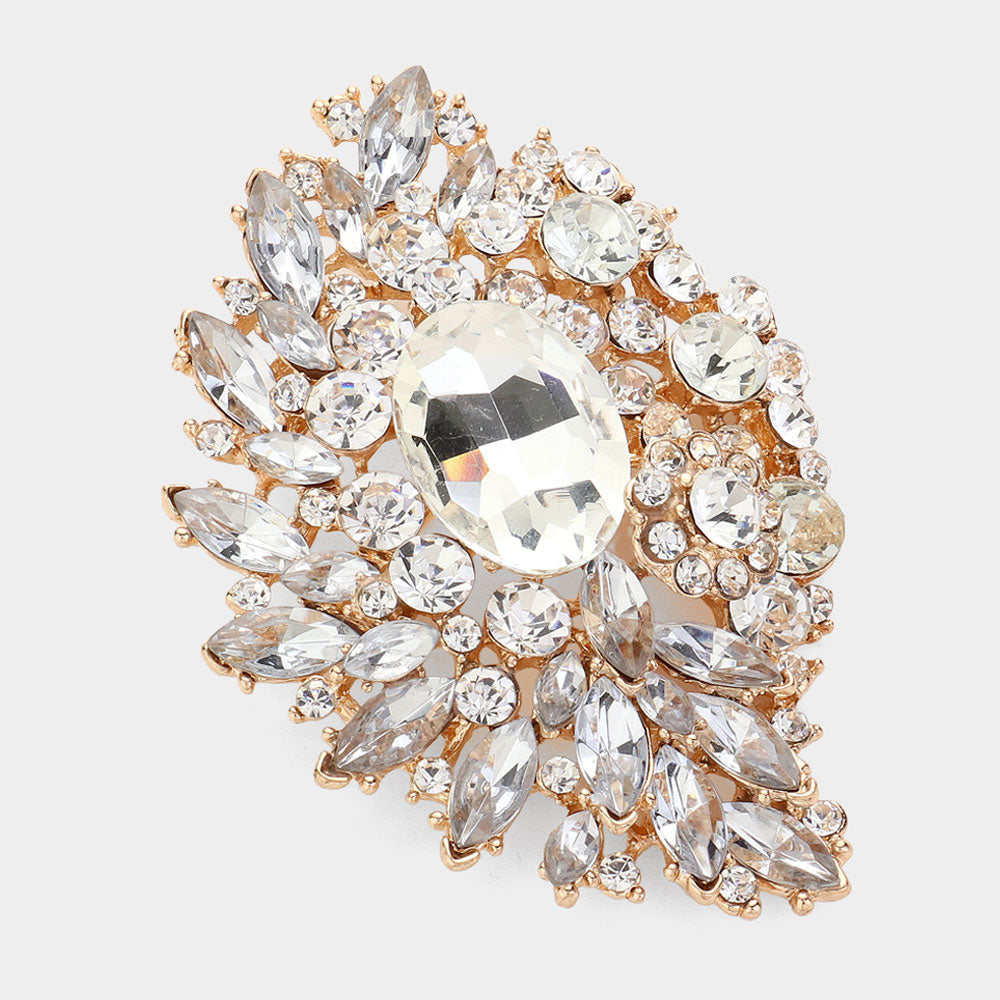Madeline Love Gold Oval Glass Stone Accented Marquise Stone Cluster Pin Brooch - Brooches