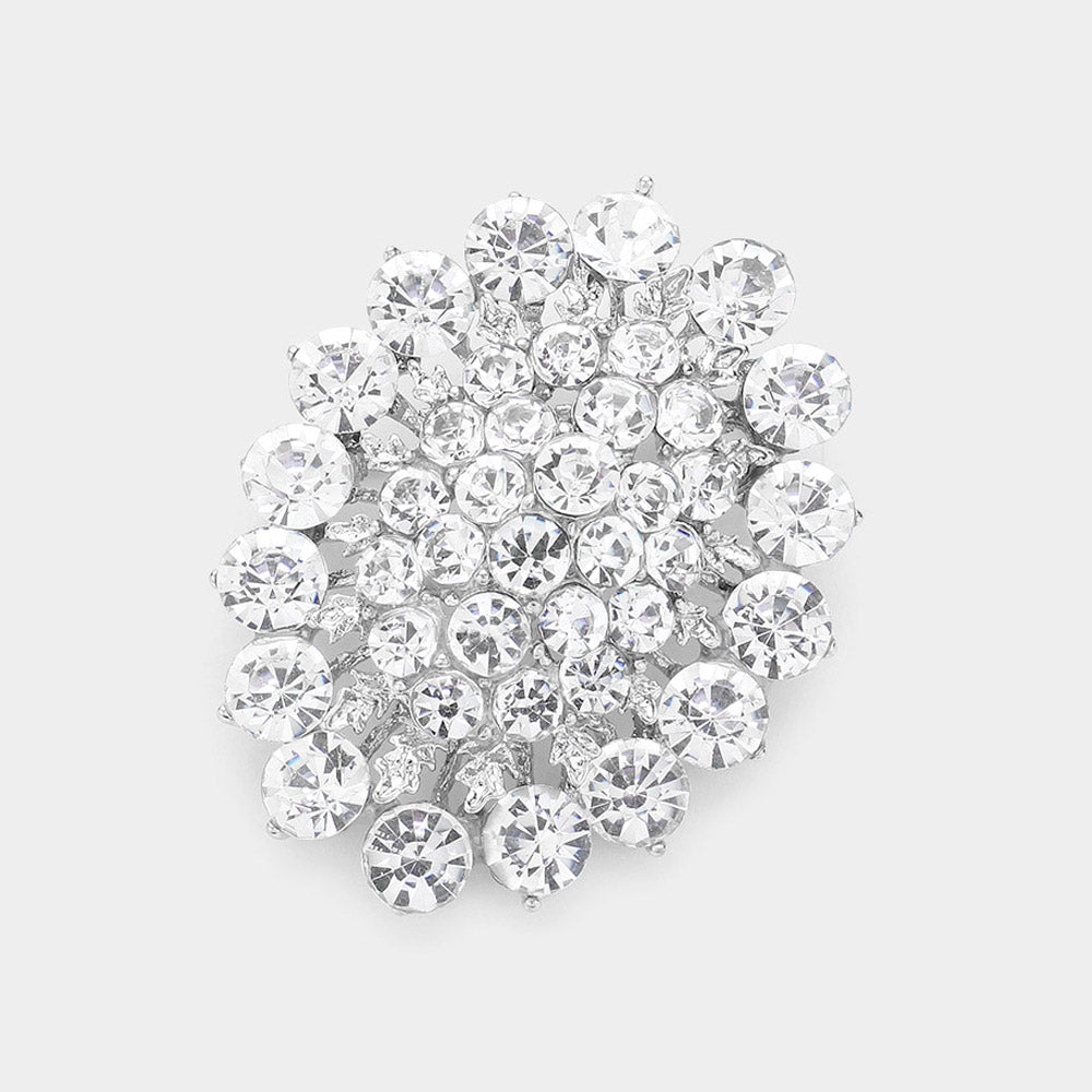 Madeline Love Clear, Silver Glass crystal cluster oval brooch - Brooches