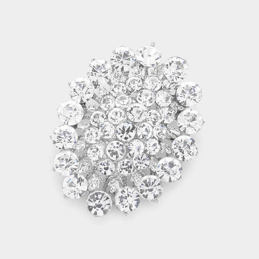 Madeline Love Clear, Silver Glass crystal cluster oval brooch - Brooches
