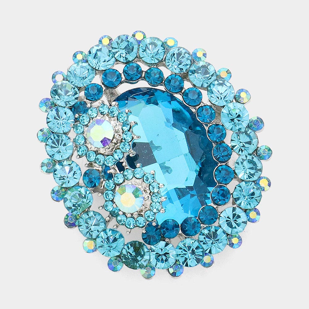 Madeline Love Aqua Oval Glass Crystal Double Flower Pin Brooch
