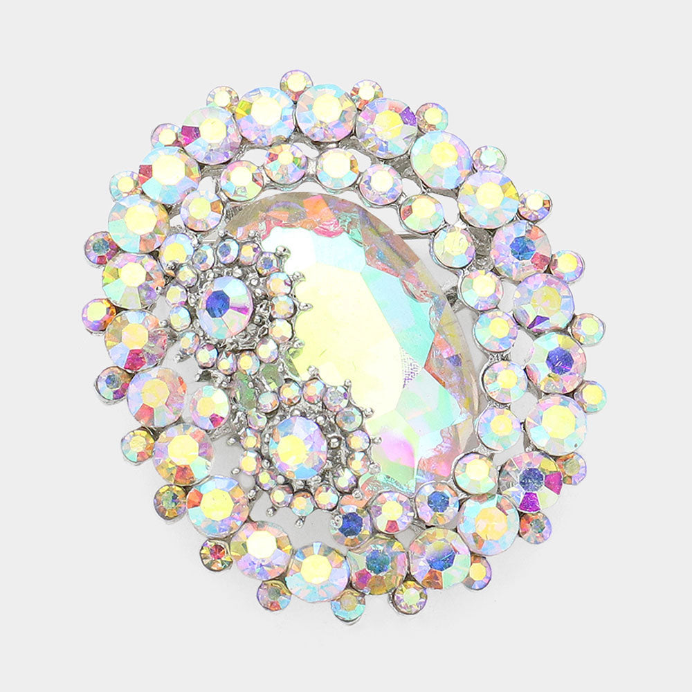 Madeline Love AB Oval Glass Crystal Double Flower Pin Brooch