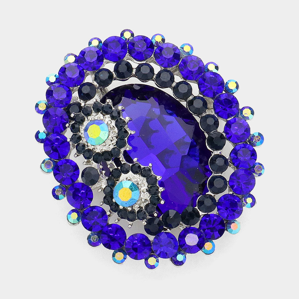 Madeline Love Blue Oval Glass Crystal Double Flower Pin Brooch - Brooches