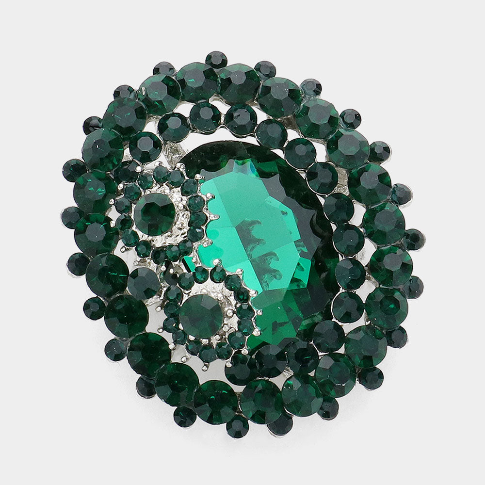 Madeline Love Emerald Oval Glass Crystal Double Flower Pin Brooch
