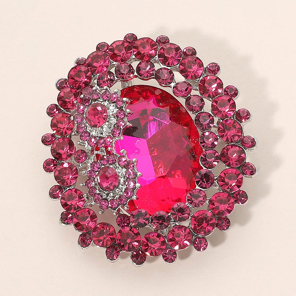 Madeline Love Fuchsia Oval Glass Crystal Double Flower Pin Brooch