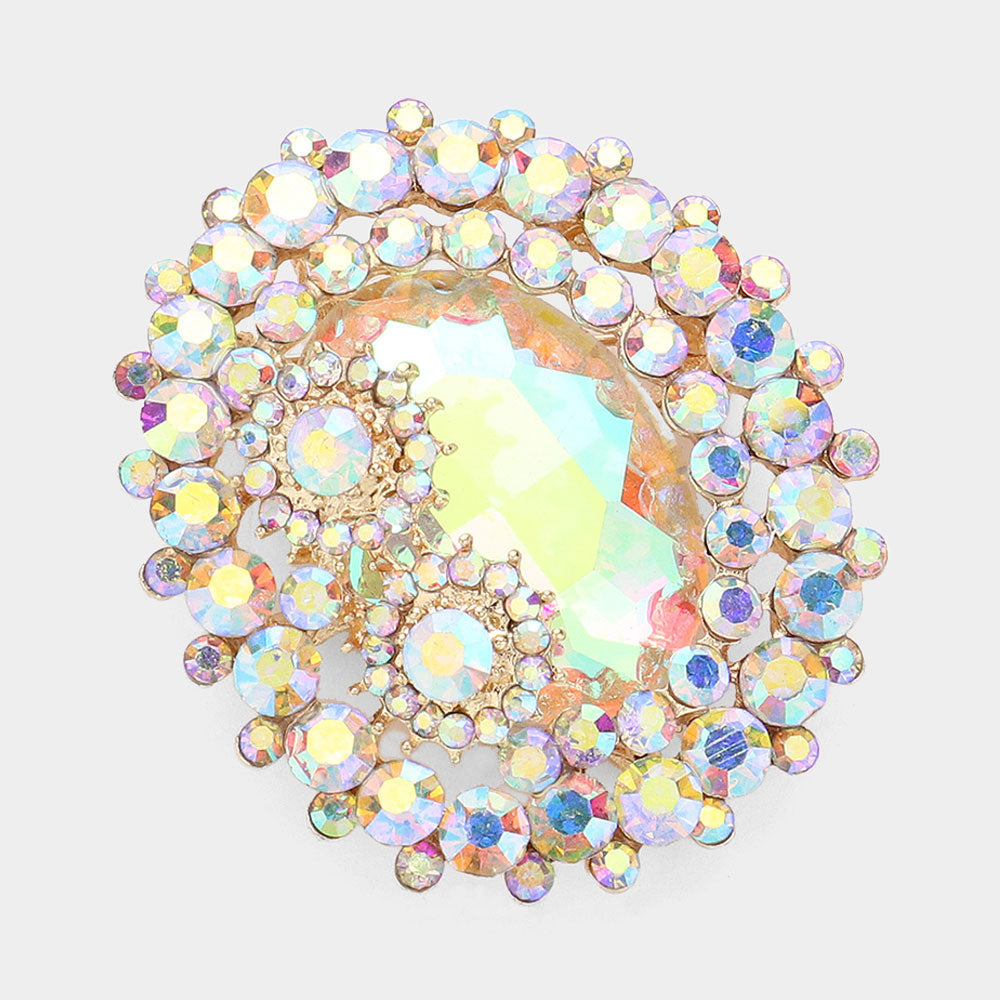 Madeline Love AB, Gold Oval Glass Crystal Double Flower Pin Brooch