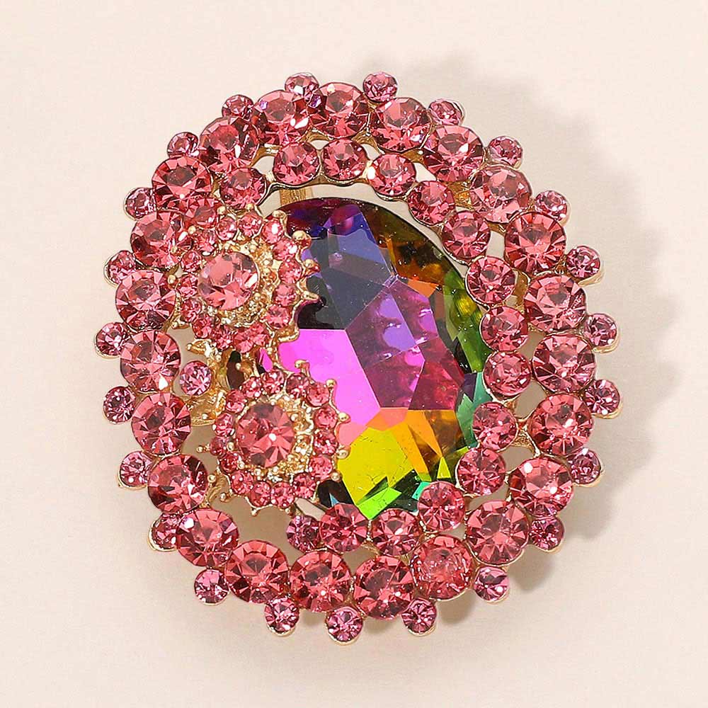 Madeline Love Gold, Vitrail Medium Oval Glass Crystal Double Flower Pin Brooch