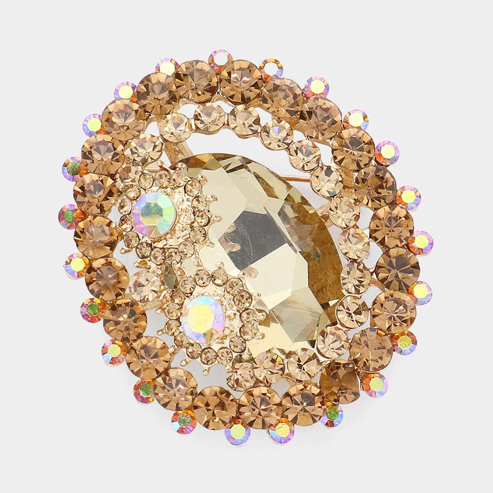 Madeline Love Gold, Topaz Oval Glass Crystal Double Flower Pin Brooch