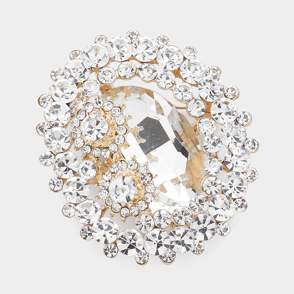 Madeline Love Gold Oval Glass Crystal Double Flower Pin Brooch