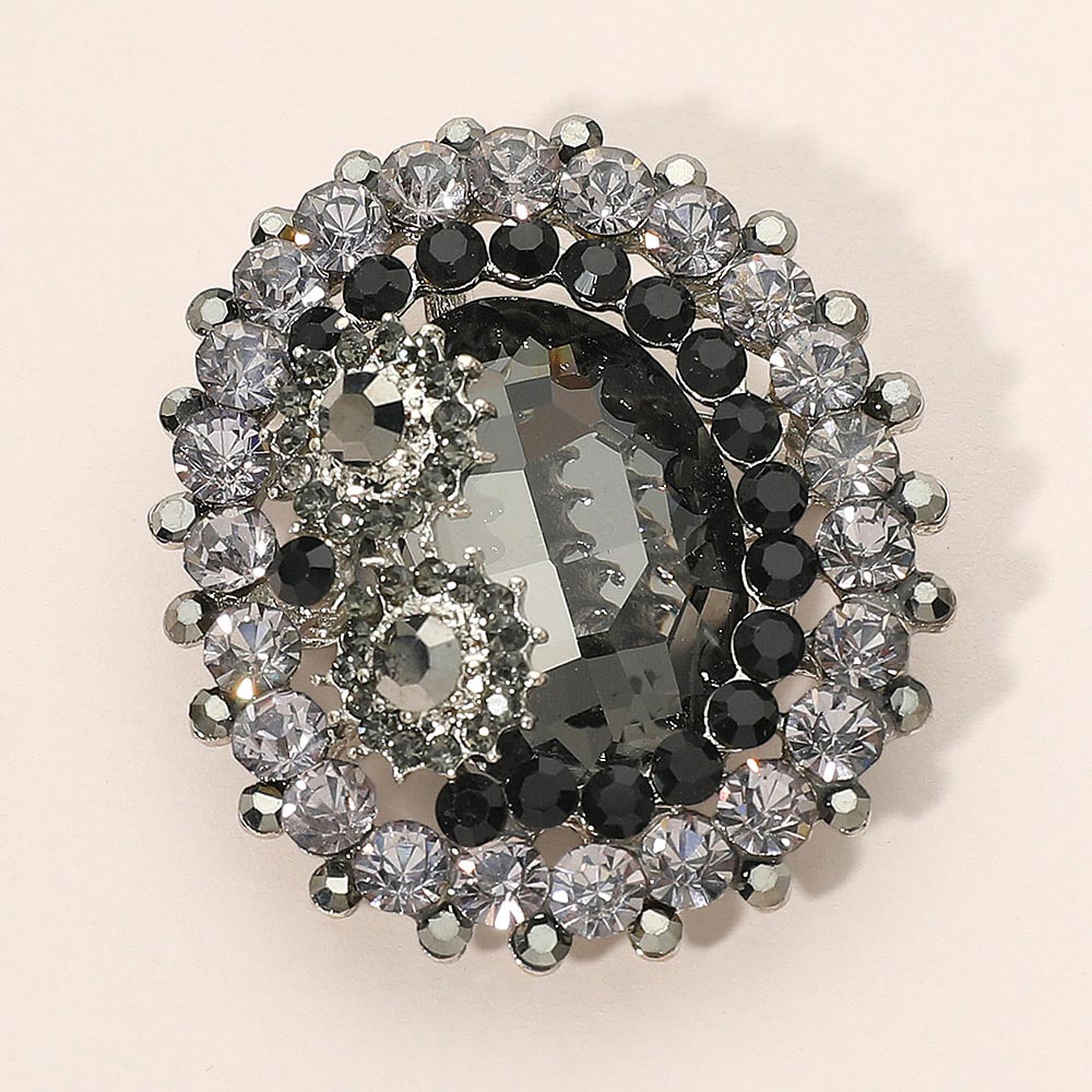 Madeline Love Black Diamond, Hematite Oval Glass Crystal Double Flower Pin Brooch