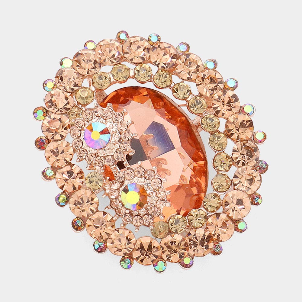 Madeline Love Peach, Rose Gold Oval Glass Crystal Double Flower Pin Brooch