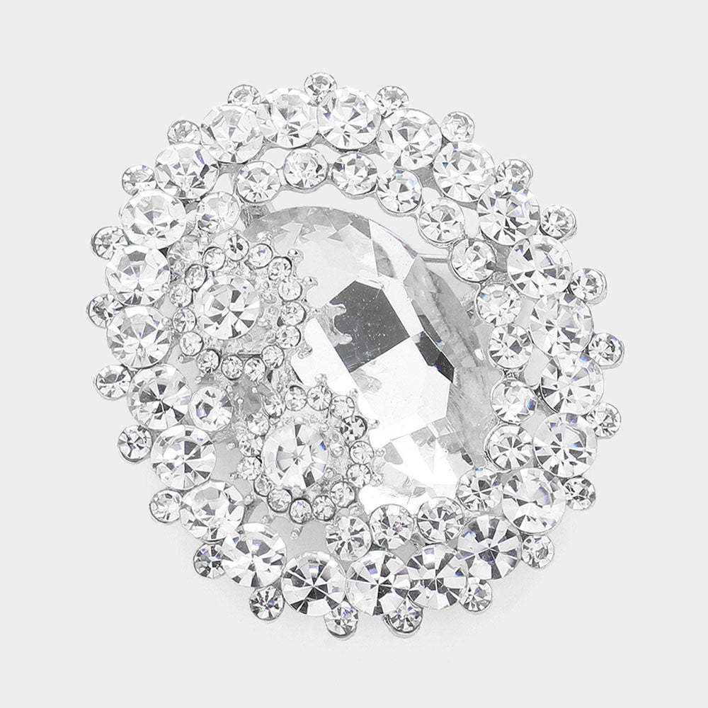 Madeline Love Clear, Silver Oval Glass Crystal Double Flower Pin Brooch - Brooches