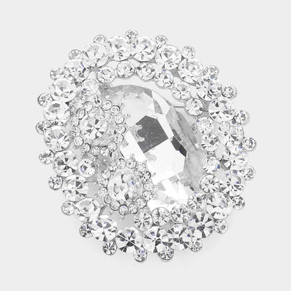 Madeline Love Clear, Silver Oval Glass Crystal Double Flower Pin Brooch - Brooches