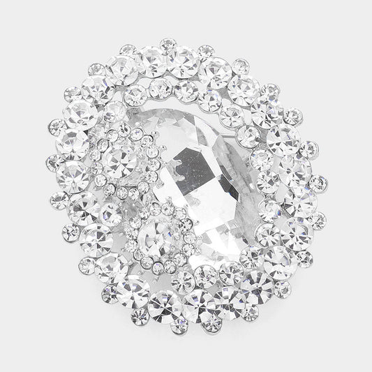 Madeline Love Clear, Silver Oval Glass Crystal Double Flower Pin Brooch - Brooches