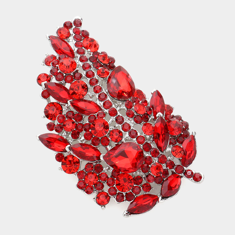 Madeline Love Red, Silver Glass Crystal Leaf Pin Brooch - Brooches