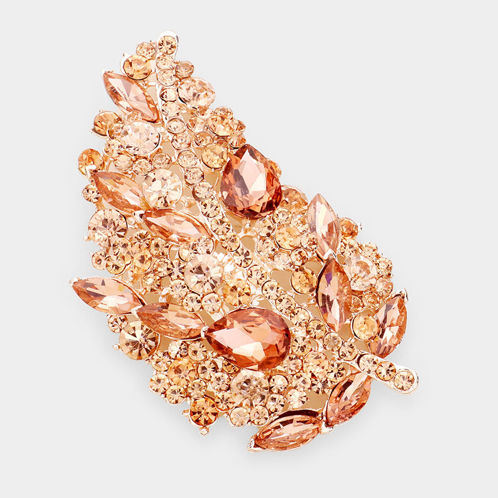 Madeline Love Peach, Rose Gold Glass Crystal Leaf Pin Brooch - Brooches