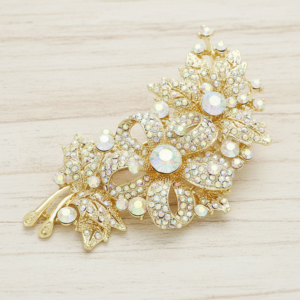 Madeline Love AB, Gold Crystal Stone Paved Flower Pin Brooch - Brooches