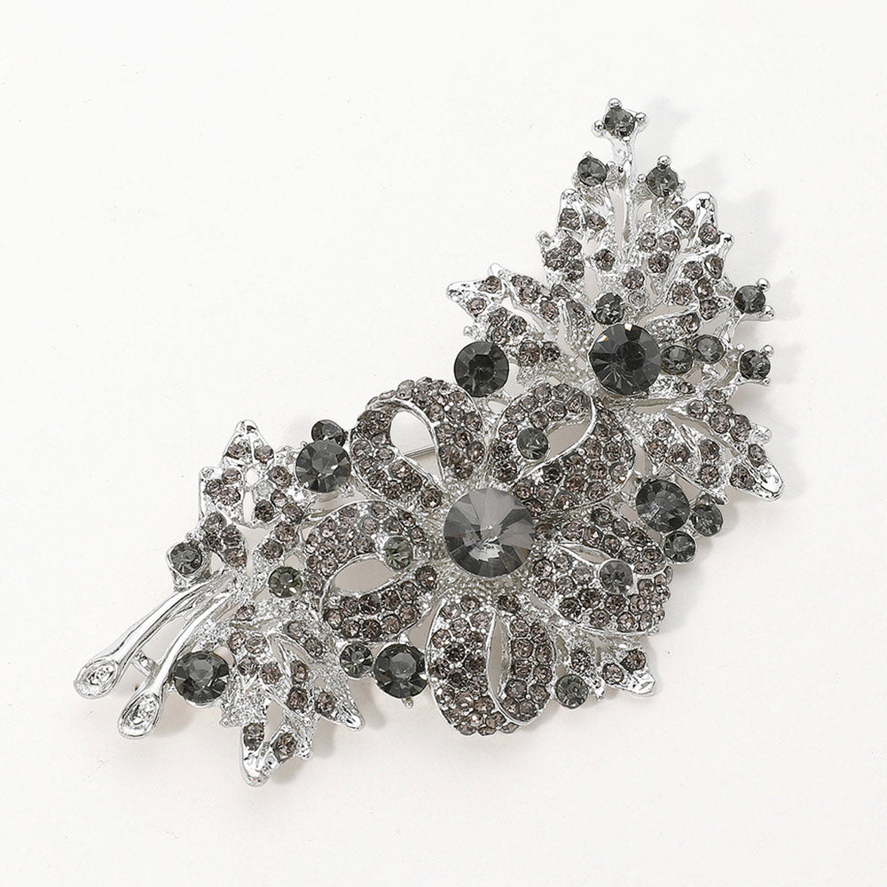Madeline Love Black, Silver Crystal Stone Paved Flower Pin Brooch - Brooches