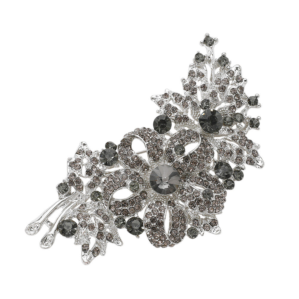Madeline Love Black, Silver Crystal Stone Paved Flower Pin Brooch - Brooches - desc