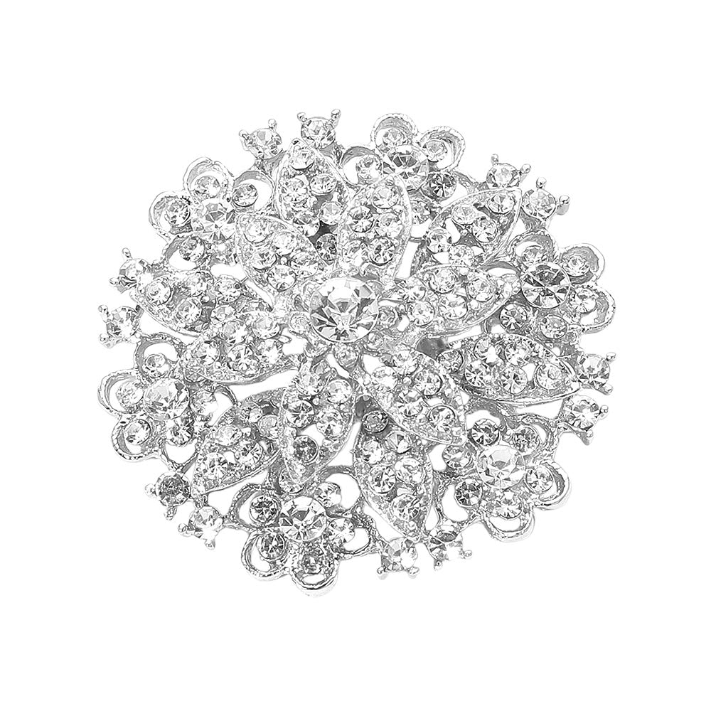 Madeline Love Clear, Silver Vintage Floral Crystal Pin Brooch - Brooches - extra