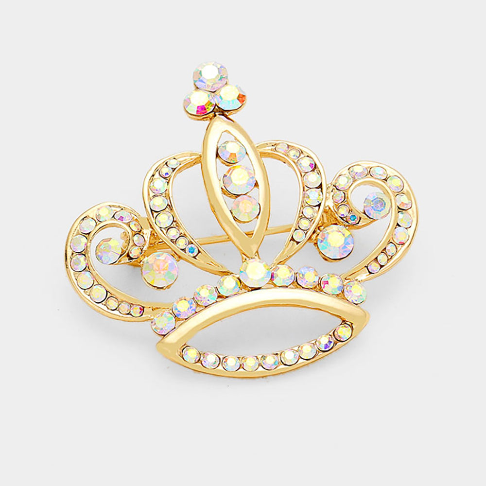 Madeline Love AB, Gold Stone Embellished Crown Pin Brooch - Brooches