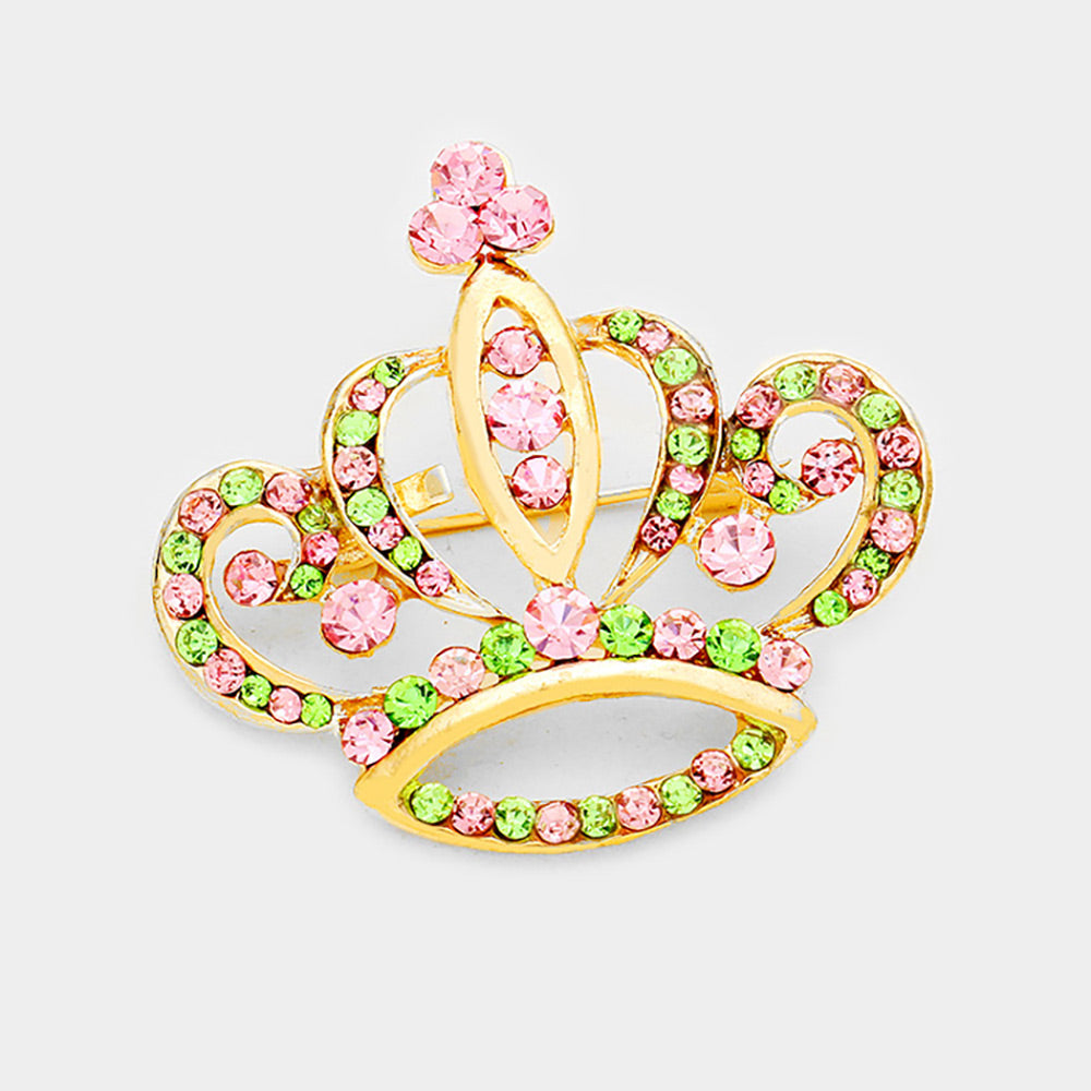Madeline Love Pink&Green Stone Embellished Crown Pin Brooch - Brooches