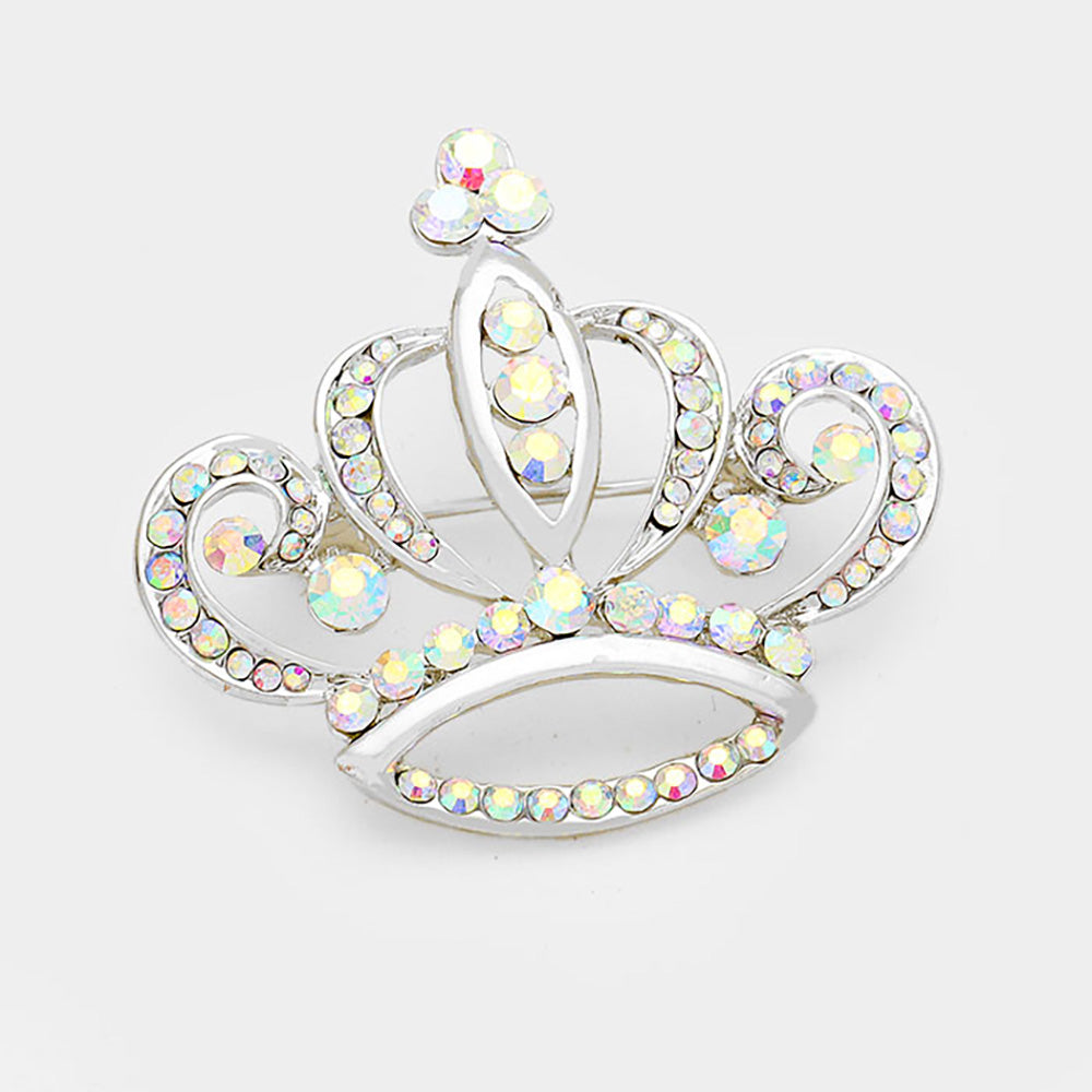 Madeline Love AB, Silver Stone Embellished Crown Pin Brooch - Brooches