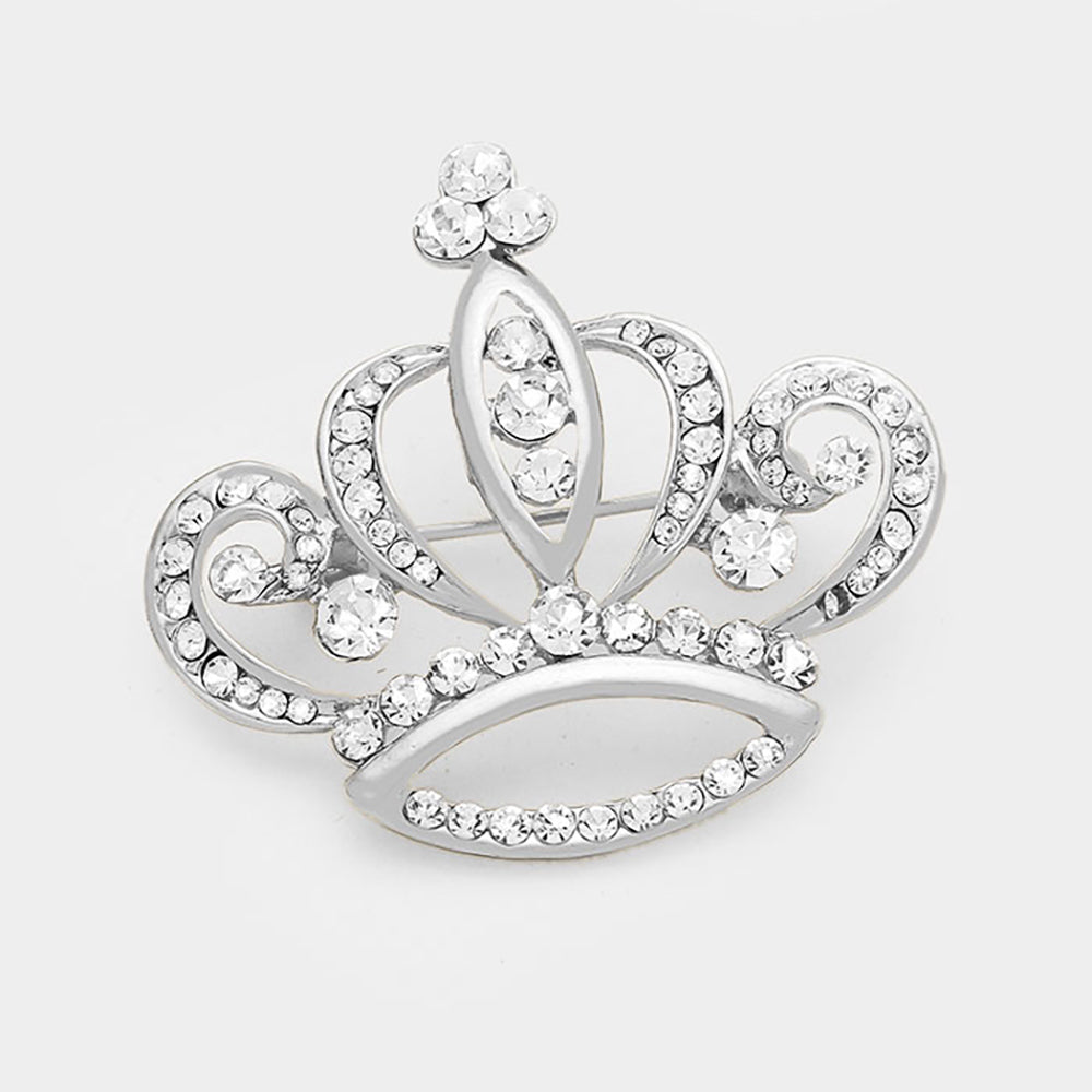Madeline Love Silver Stone Embellished Crown Pin Brooch - Brooches