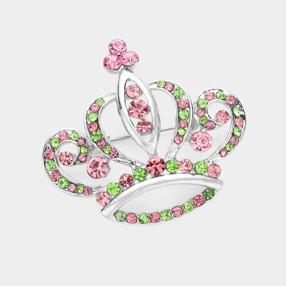 Madeline Love Pink&Green, Silver Stone Embellished Crown Pin Brooch - Brooches