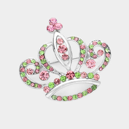 Madeline Love Pink&Green, Silver Stone Embellished Crown Pin Brooch - Brooches