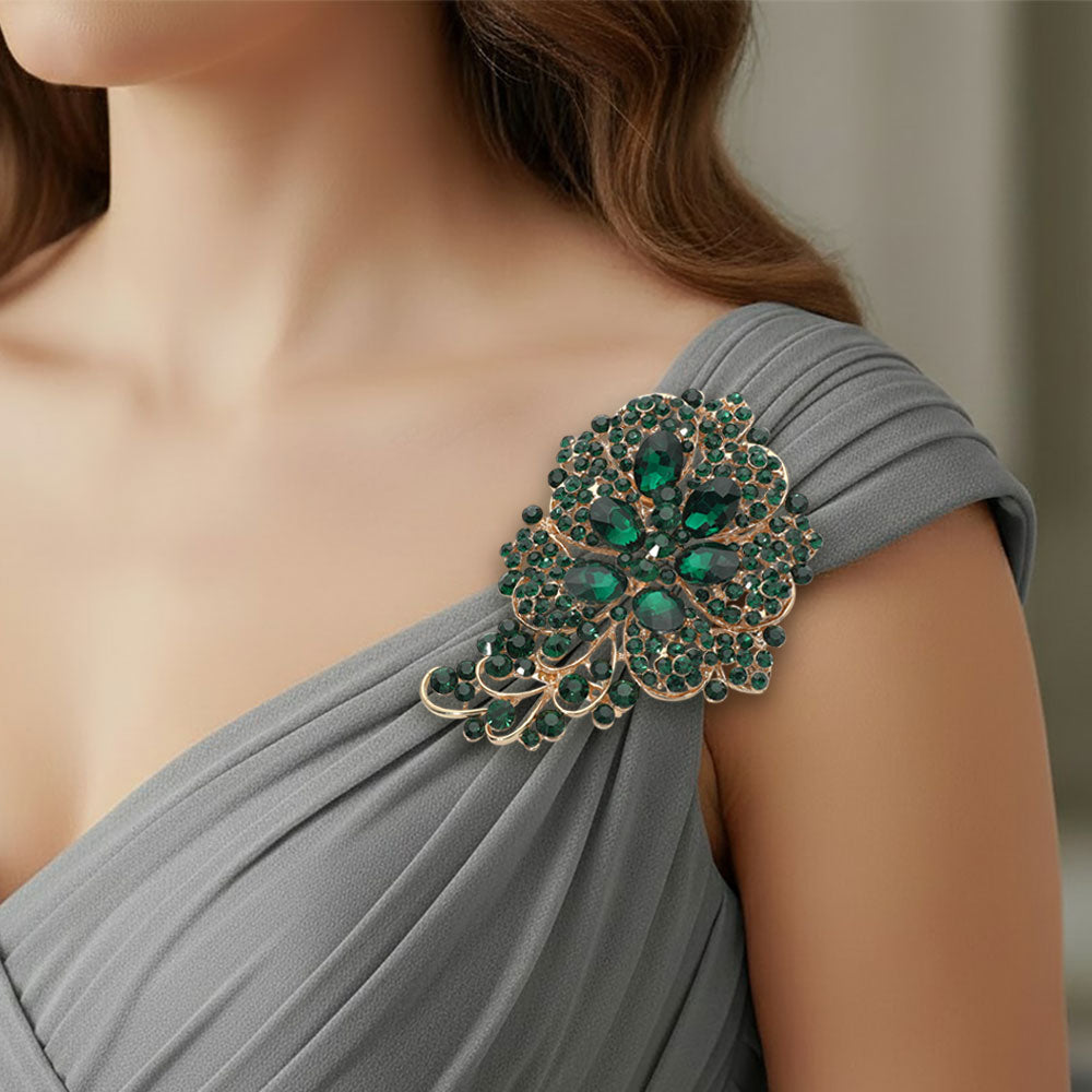 Madeline Love Emerald, Gold Glass Stone Flower Pin Brooch