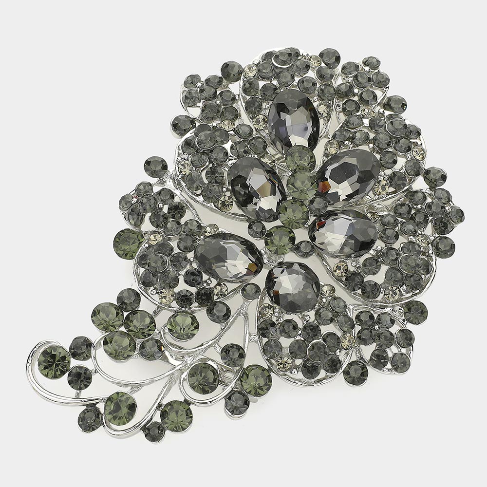 Madeline Love Black Diamond, Hematite Glass Stone Flower Pin Brooch