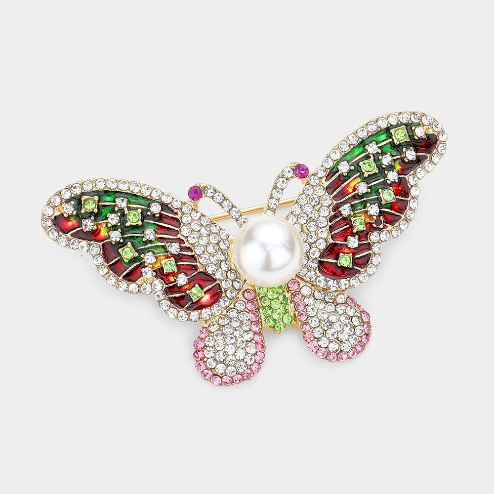 Madeline Love Fuchsia, Gold Pearl Rhinestone Pave Butterfly Pin Brooch - Brooches
