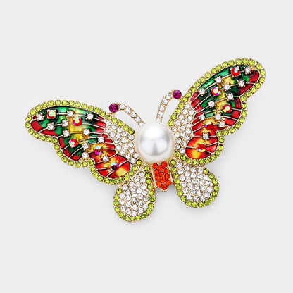 Madeline Love Gold, Green Pearl Rhinestone Pave Butterfly Pin Brooch - Brooches