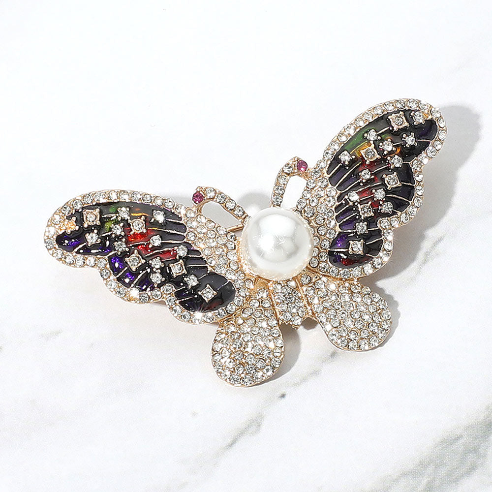 Madeline Love Gold Pearl Rhinestone Pave Butterfly Pin Brooch - Brooches