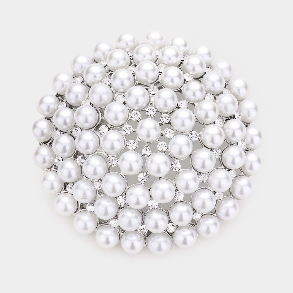 Madeline Love Rhodium, White Pearl Cluster Round Pin Brooch - Brooches