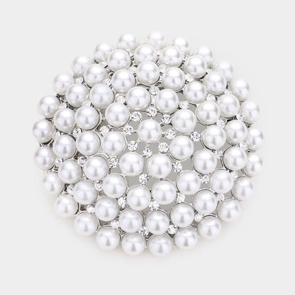Madeline Love Rhodium, White Pearl Cluster Round Pin Brooch - Brooches