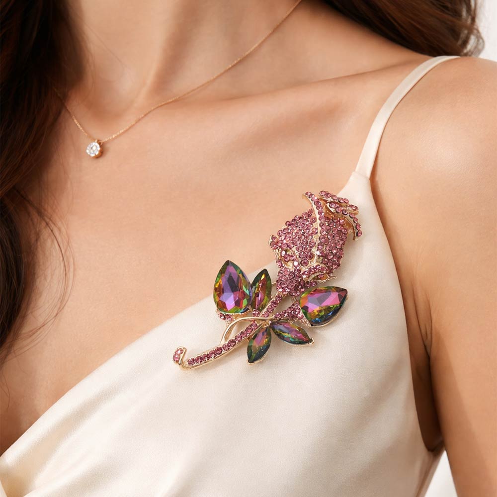 Madeline Love Gold, Vitrail Medium Multi Stone Embellished Metal Tulip Flower Pin Brooch - Brooches