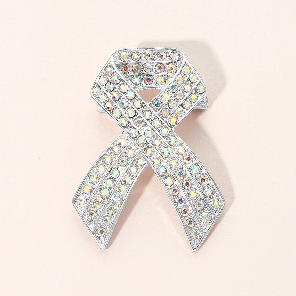 Madeline Love AB, Silver Rhinestone Embellished Pink Ribbon Pin Brooch