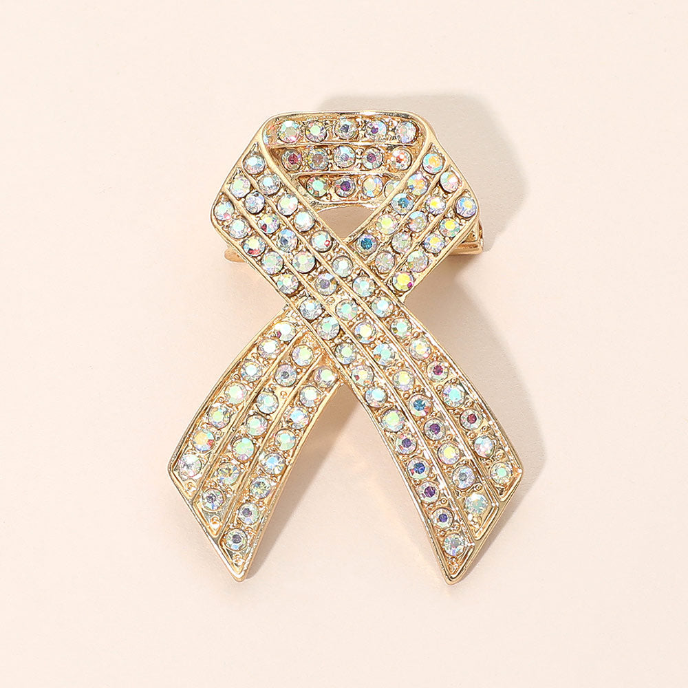 Madeline Love AB, Gold Rhinestone Embellished Pink Ribbon Pin Brooch