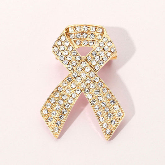 Gold Rhinestone Embellished Pink Ribbon Pin Brooch