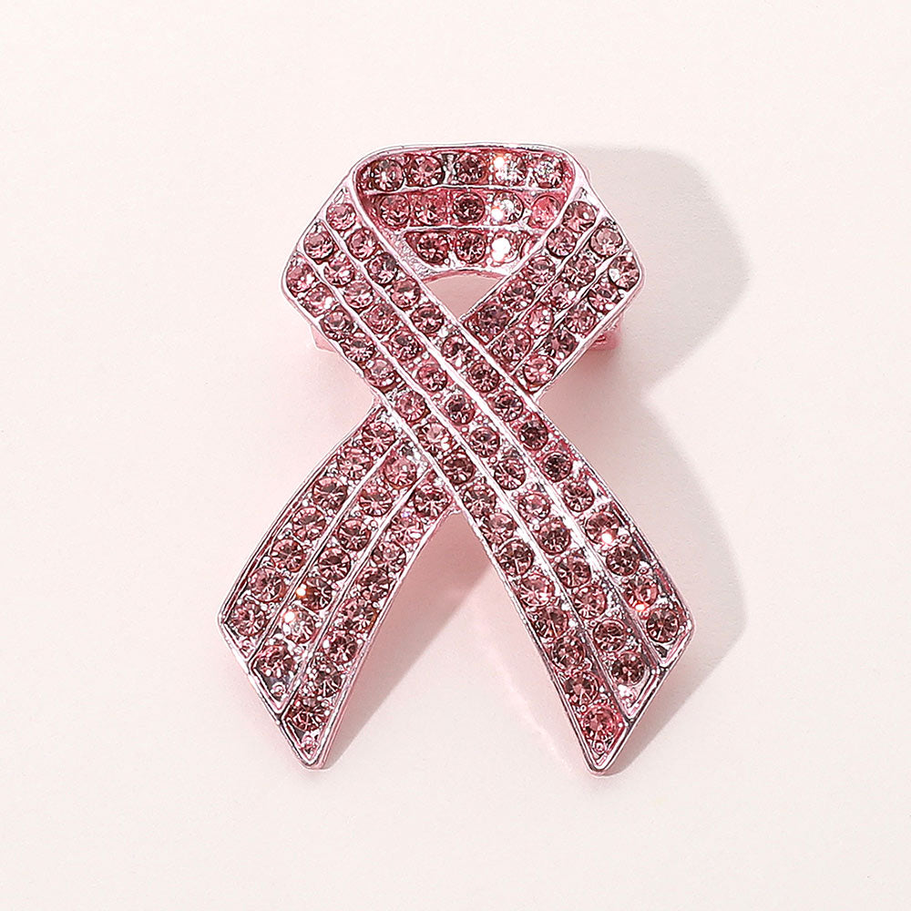 Pink Rhinestone Embellished Pink Ribbon Pin Brooch